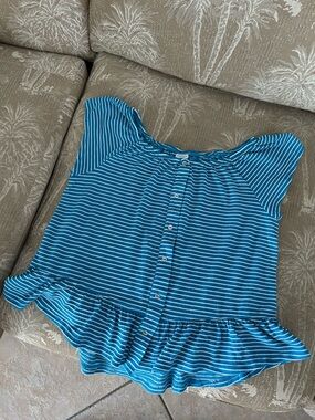 Blue Striped Button-Front Ruffle Hem Girls Top